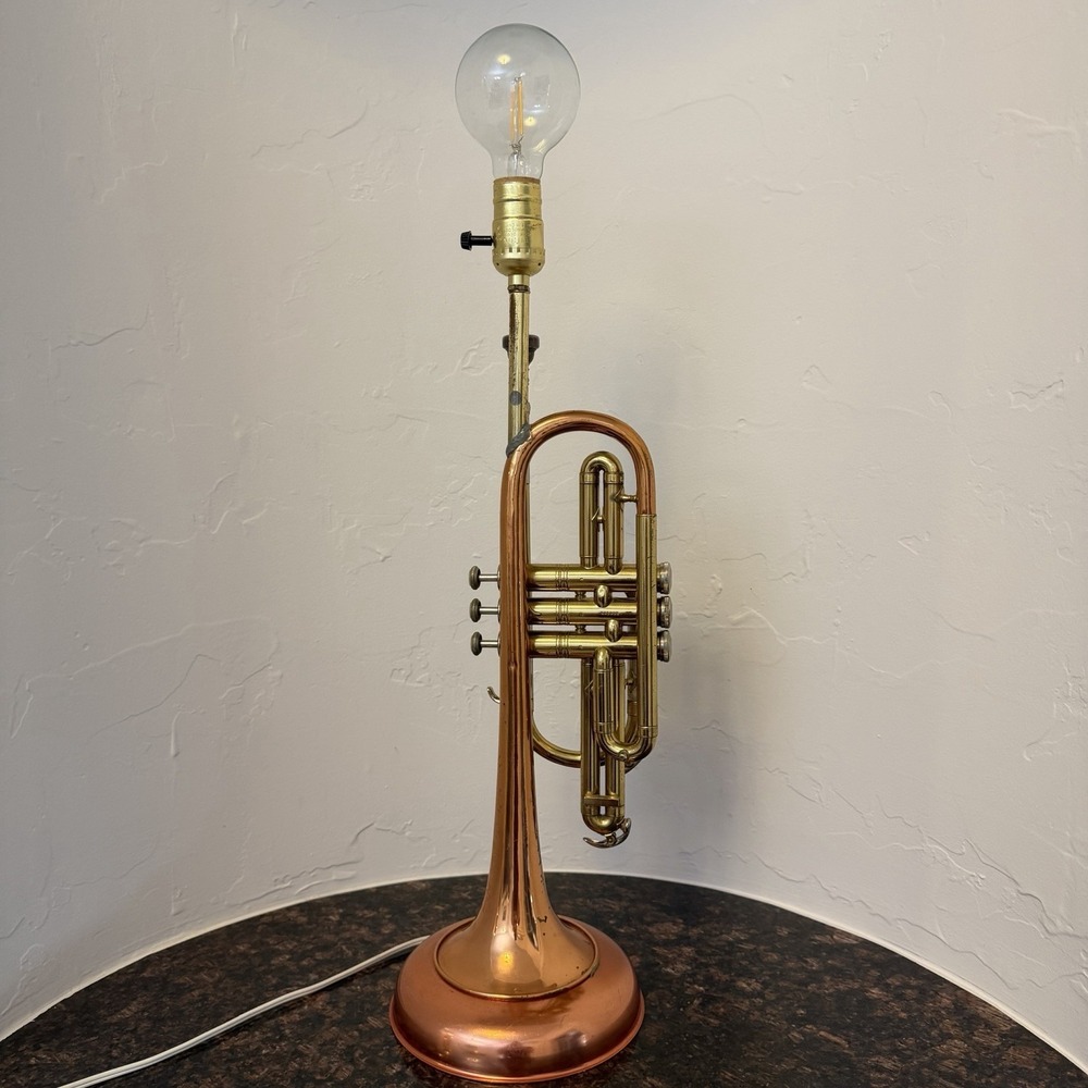Vintage Repurposed CG Conn Brass Trumpet Table Lamp Shooting Star